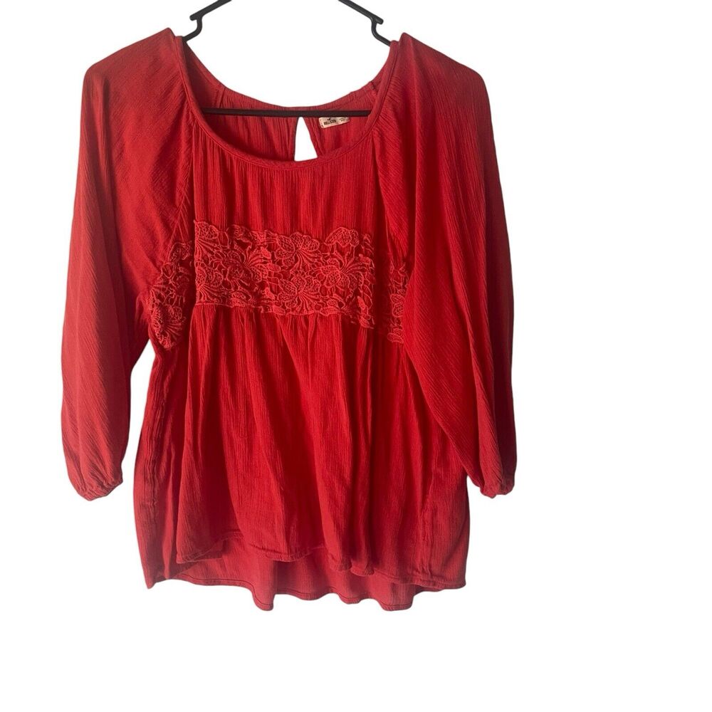 Hollister Y2k Women's Size Small Red Boho Floral Long Sleeve Babydoll Top